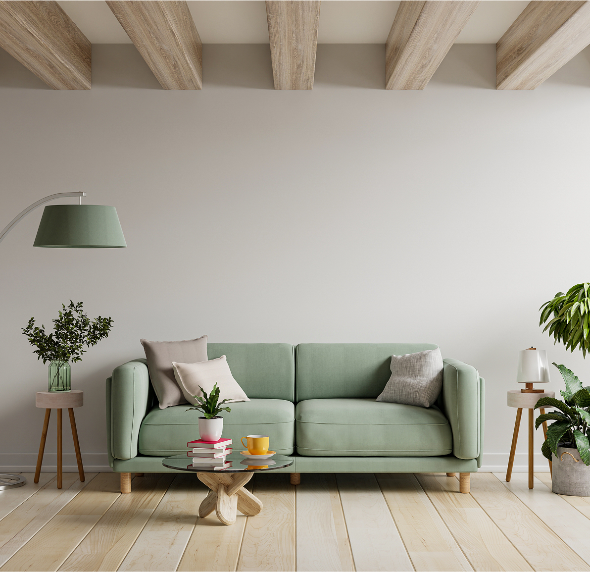 Modern living room with sage green sofa, wooden coffee table, and natural lighting showcasing our furniture craftsmanship